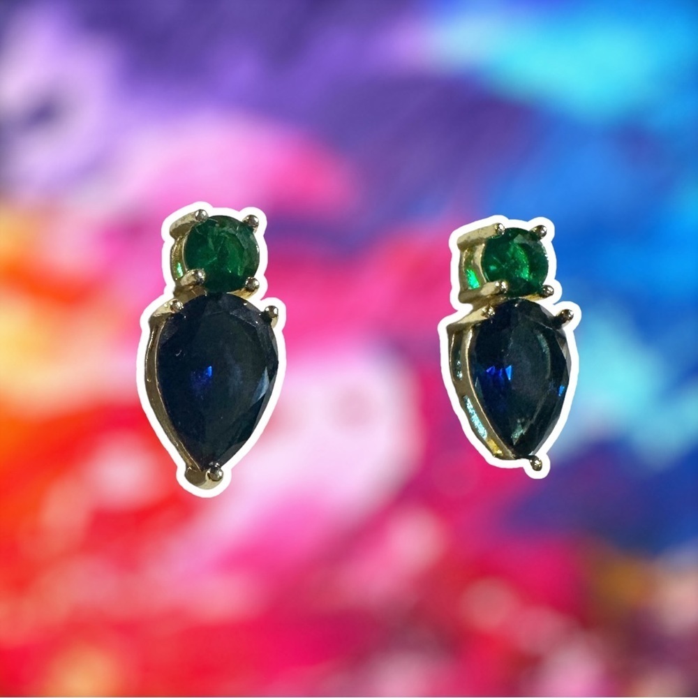 NEW Green & Blue Crystal CZ Goldtone Teardrop Stud Earrings - Picture 12 of 15